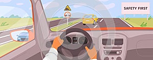 Male hands driving car moving on highway vector illustration. Driver riding on road inside of automobile. Safety first