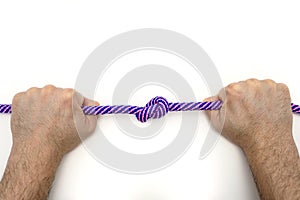 Male hands firmly hold a rope with a knot on a white background close-up