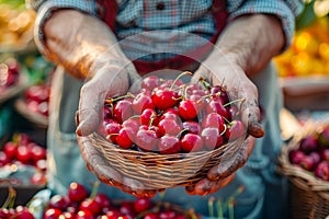 Male hands hold a basket of fresh cherries, the fruits of local, sustainable agriculture