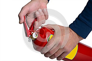 Male hands hold a fire extinguisher