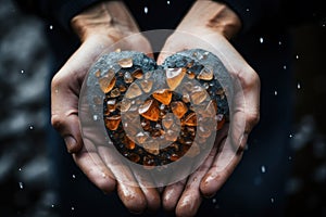 Male hands hold a heart made of stone with amber. AI generative