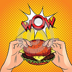 Male hands hold a juicy burger over a halftone background.