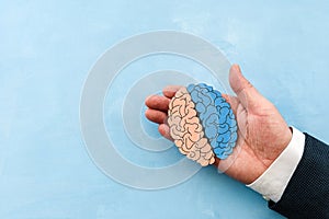 Male hands hold the shape of a human brain made of paper