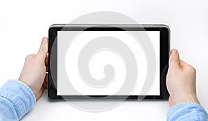 Male hands holding digital tablet blank screen horizontally on white background. Take your screen to put on advertising