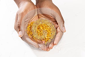 Male Hands Holding Dried Calendula Flowers - Calendula Officinalis photo