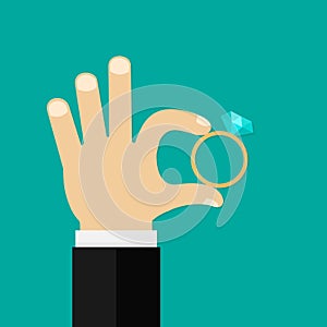 Male hands holding engagement ring. Vector flat style illustration