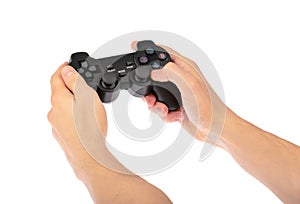 Male Hands Holding Gamepad isolated on white background with clipping path