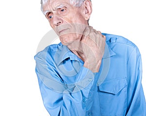 Male hands holding neck. Old man suffering from pain in neck, osteochondrosis.  Isolated on white