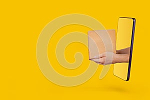Male hands holding out package from smartphone on yellow background