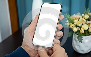 Male hands holding phone with isolated screen background cafe office