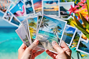 Male hands holding printed vacation photos. Memories of a holiday by the sea