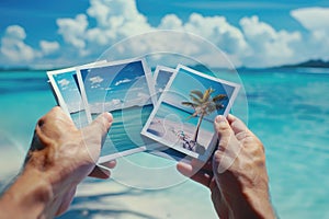 Male hands holding printed vacation photos. Memories of a holiday by the sea