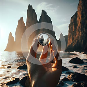 male hands holding a wedding ring on the water surface with reflection.