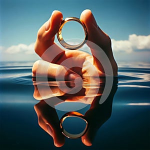 male hands holding a wedding ring on the water surface with reflection.