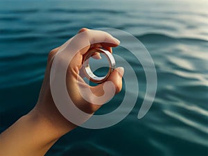male hands holding a wedding ring on the water surface with reflection.