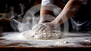 Male hands knead the dough on a wooden table in the kitchen.