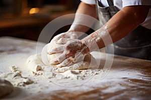 Male hands kneading dough on wooden kitchen table