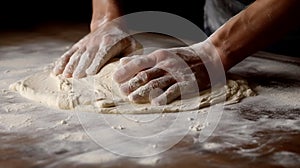 Male hands kneading dough on a wooden table in a bakery.