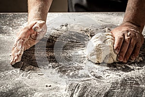 Male hands making dough for pizza, dumplings or bread. Baking concept. chef with raw dough