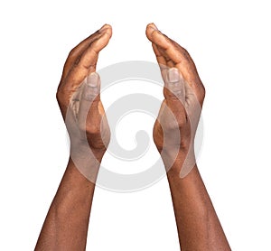 Male hands making protecting gesture, isolated on white background