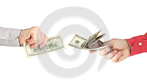 Male hands with money opposite each other on a white background. business relationship. salary