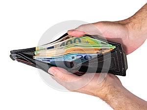 Male hands open leather black wallet with euro banknotes