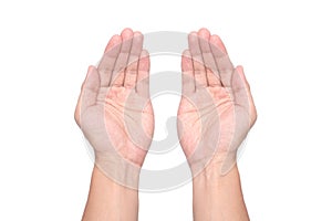 Male hands palms held subject isolated