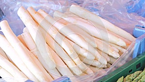 Male hands pick fresh white spring asparagus at a farmer's market counter in spring.