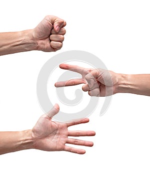 Male Hands Playing Rock Paper Scissors, All of Sign of Rock Paper Scissors on iSolated White Background