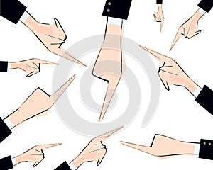 Male hands pointing with finger various directions to crowd. Vector illustration. Concept of dictate, pluralism, power, regulation