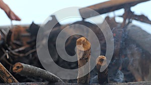 Male hands preparing dry woods and leaves setting for barbecue party.