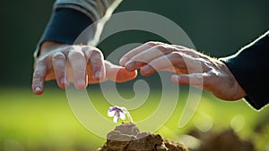 Male hands in a protective gesture above a delicate purple flower