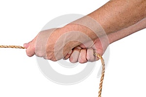 Male hands pulling on rope