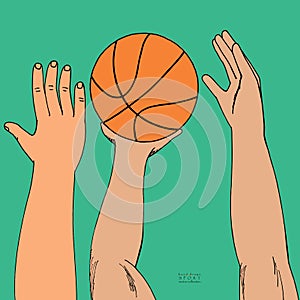 Male hands reaching for basket ball. Playing, holding, throwing. Hand drawn colored sketch. On green background