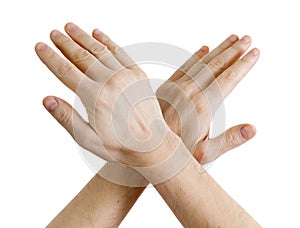 Male hands showing sign of stop