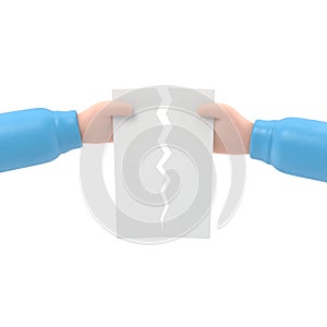 Male hands tearing a blank sheet of paper. 3D illustration of flat design style. Blank paper sheet torn in the hands