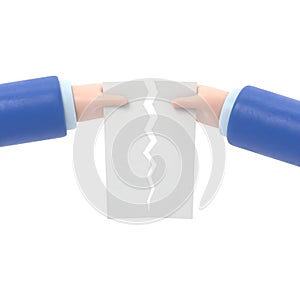 Male hands tearing a blank sheet of paper. flat design style. Blank paper sheet torn in the hands of a businessman