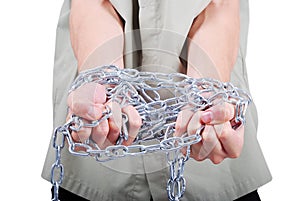 Male hands tied with chains