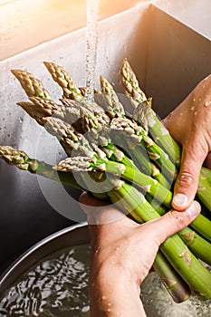 Male hands wash asparagus.