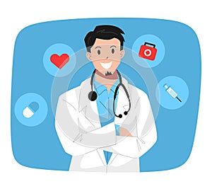 male handsome doctor flat character with icons. half body. wearing a stethoscope around the neck, lab coat. blue background. flat