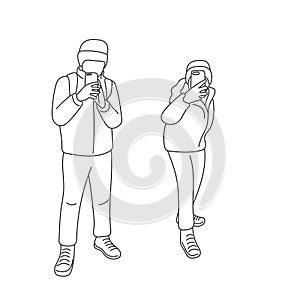 male in hat and his girlfriend using mobile phone to take a photo illustration vector hand drawn isolated on white background