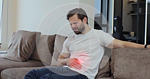 Male having symptom poisoning diarrhea indigestion peptic ulcer pancreatitis at home. 3d animation with red pulsating