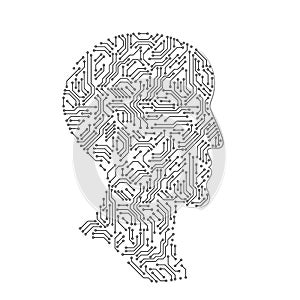 Male head profile silhouette made with printed circuit board, black and white artificial intellect futuristic concept