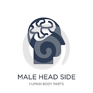 Male head side view with brains icon. Trendy flat vector Male he