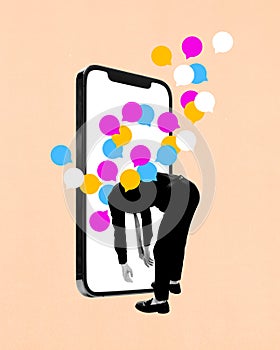 Male head stuck into giant mobile phone screen with many multicolored speech bubbles. Online communication. Contemporary