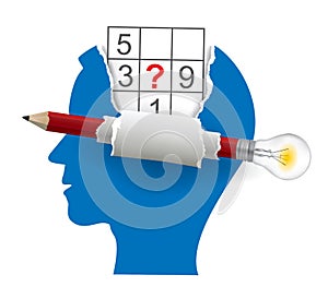 Male head with sudoku and smart Pencil with bulb.