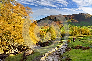 Male hiker exploring the Great Langdale valley in the Lake District, famous for its glacial ribbon lakes and rugged mountains