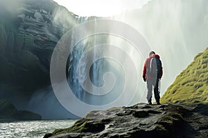 Male hiker with heavy backpack admiring scenic view of majestic waterfall. Breathtaking Icelandic nature. Hiking by foot