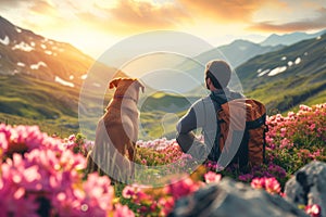 Male hiker and his pet dog admiring a scenic view in flowering meadow at spring. Adventurous young man with his dog friend. Hiking