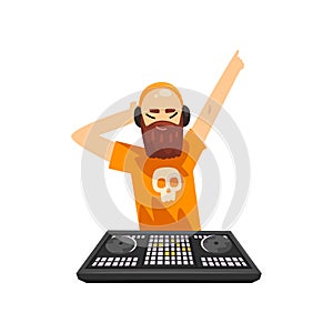 Male hipster DJ in headphones playing track and mixing music on mixer console deck vector Illustration on a white